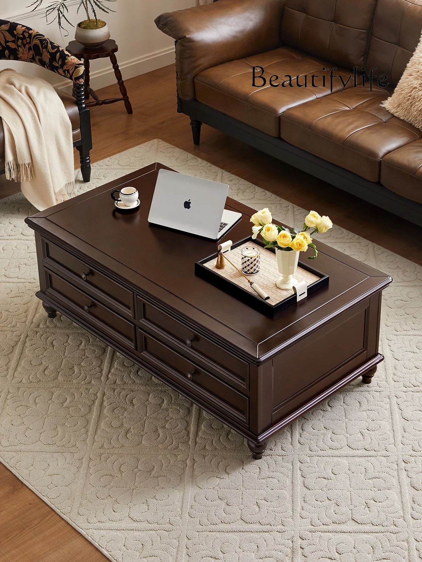 X American Retro Solid Wood Coffee Table French Medium And Ancient Style Home Living Room Small Apartment Rectangular Low Table