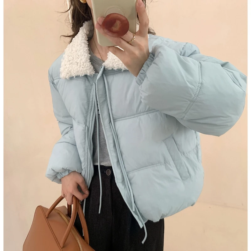 

Sweet Winter Lambswool Collar Cotton Jacket for Women Korean Thick Trendy Versatile Down Cotton Coat Student Padded Jacket Tops