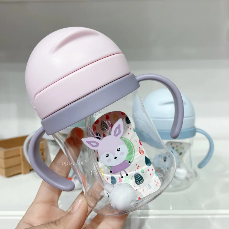 250ml New Cartoon Animal Baby Kids Water Sippy Cup Double Handle Drinking Water Bottle Gravity Ball Straw Baby Children's Cups