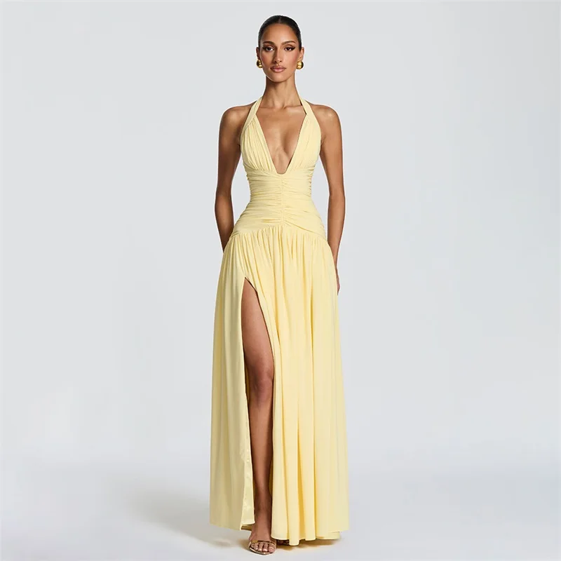 

Sexy Yellow Prom Dress Halter Sleeveless Ruffles Long Party Gown Casual Hot Girl Side Split Formal Wedding Guest Birthday Robe