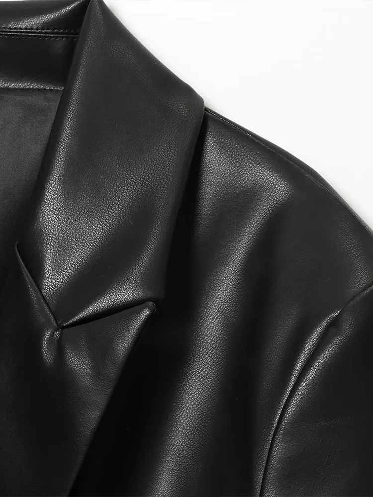 Estilo europeu e americano outono novo estilo de viajante feminino fino plutônio imitação de couro textura manga longa com decote em v terno jaqueta