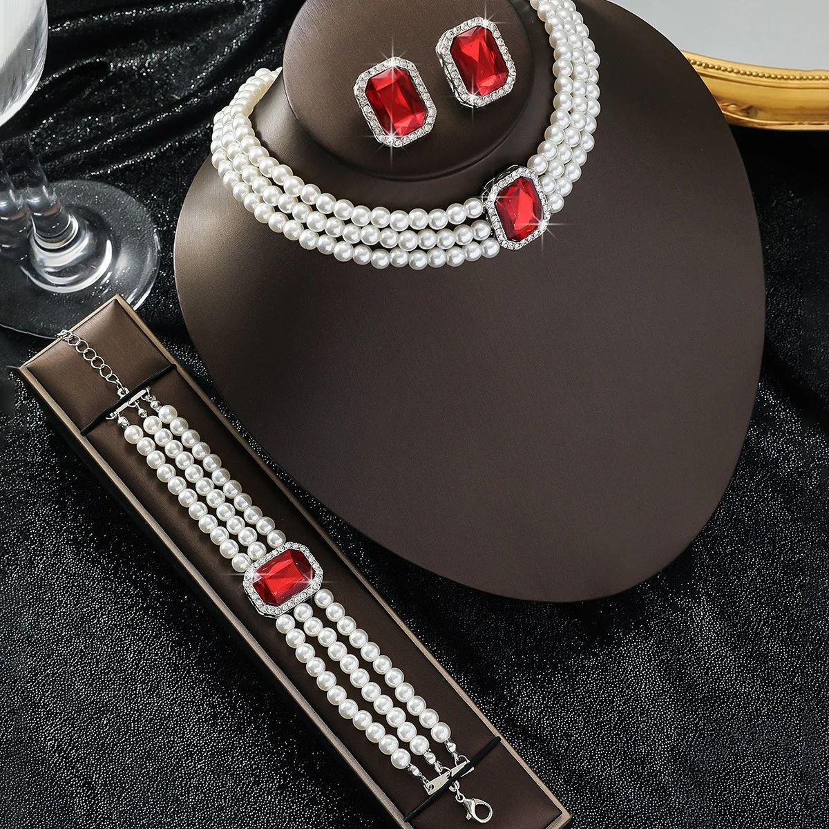  2025 مبالغ فيه متعدد الطبقات تقليد اللؤلؤ هندسية كريستال ملون قلادة طقم أقراط مناسبة لحفل الزفاف الزفاف #1