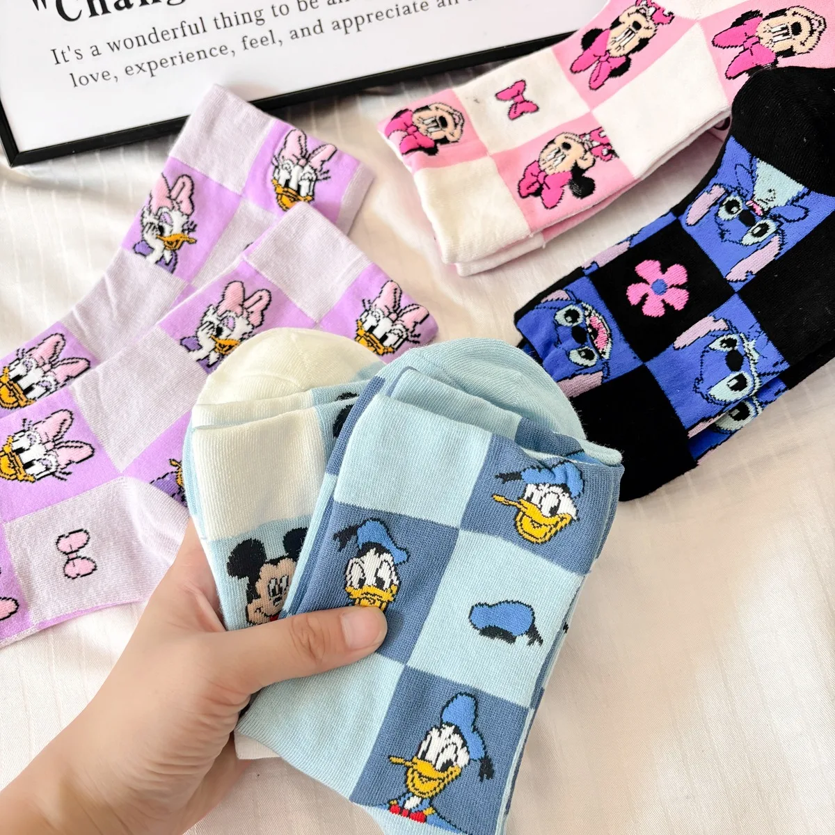 Kawaii Disney Socks Stitchs Mickey Mouse Donald Duck Cartoon Anime In tube Socks Soft Breathable Spring Autumn Sports Socks Gift