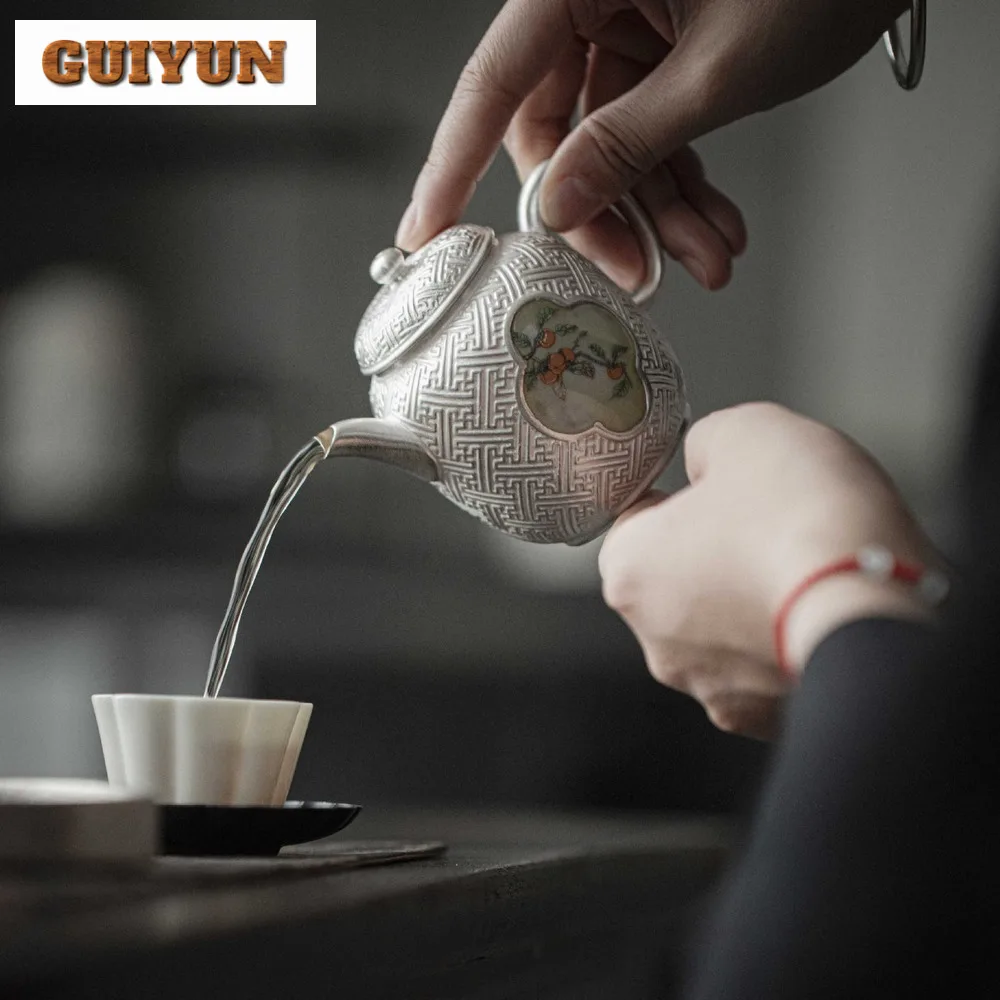 160ml Handmade 999 Sterling Silver Gilded Teapot Creative Window Persimmon Pot Tea Brewing Kettle Teaware Accessories Craft Gift