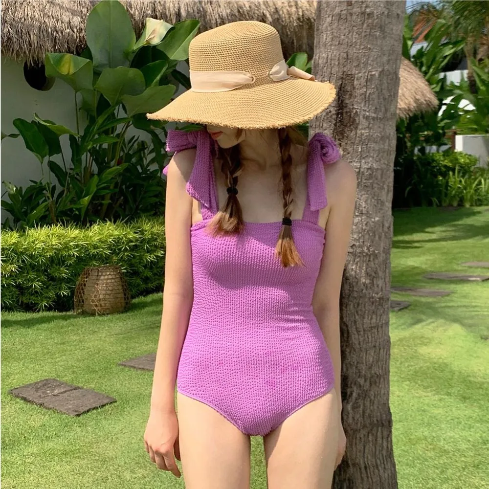 

2023 South Korean INS Style Candy Color Solid Simple Vintage Bow Knot Covers The Belly and Slim Conservative One Piece Swimwear