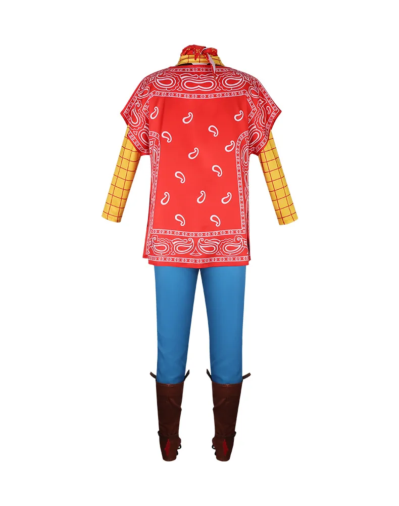 Sheriff Woody Cowboy Cosplay Costume with Red Bandana Paisley Poncho Yellow Plaid Shirt Pants Brown Boot Covers Full Set for Adu view 4