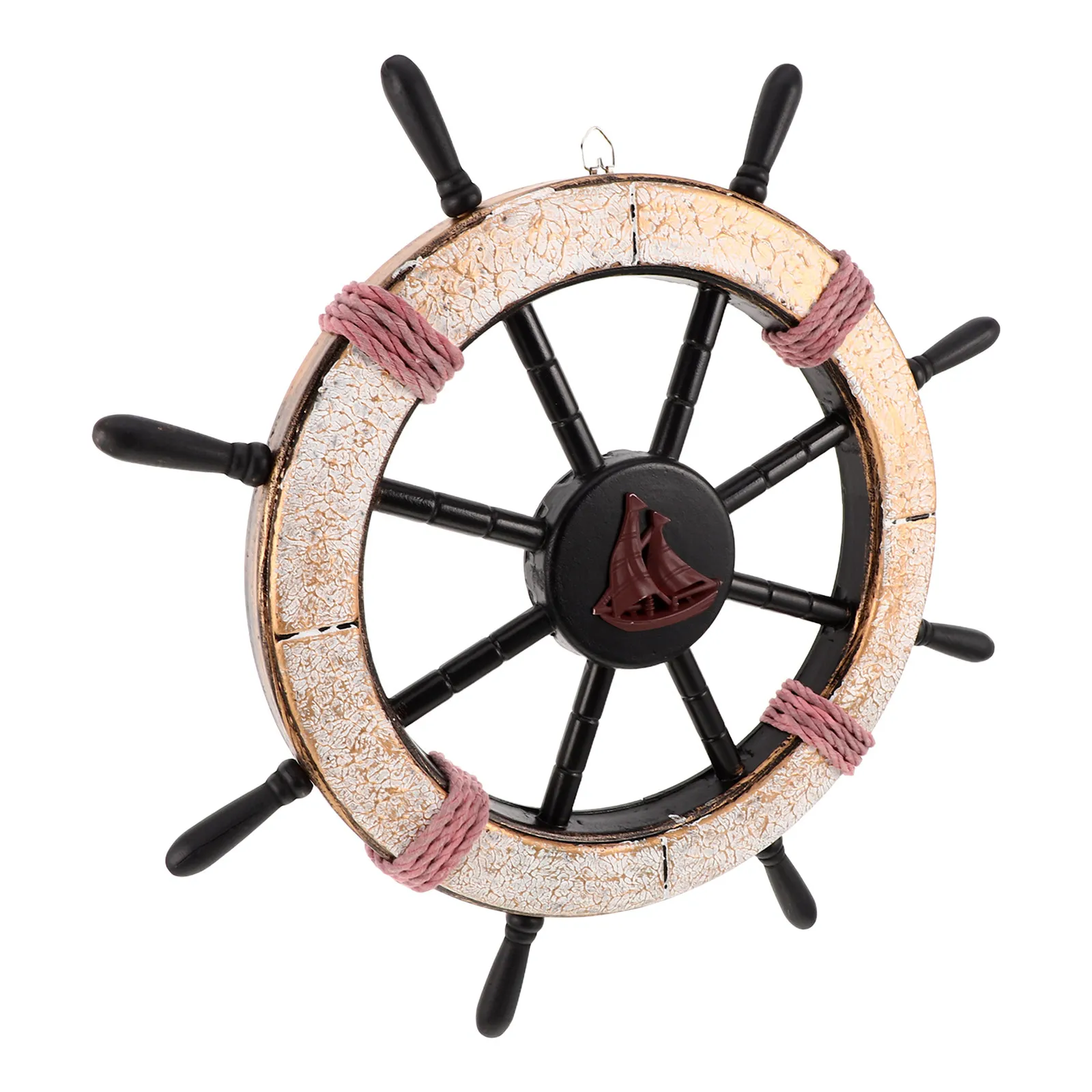 Wooden Ship Wheel Wall Decor 45cm Rustic Cracked Finish Nautical Coastal Mediterranean Home Decoration