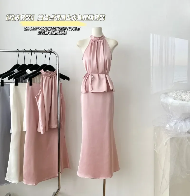 

Sweet Hot Girl Casual Suit Women's Summer Satin Sleeveless Top High Waist Long Skirt Two-piece Set Fashion Female Clothes
