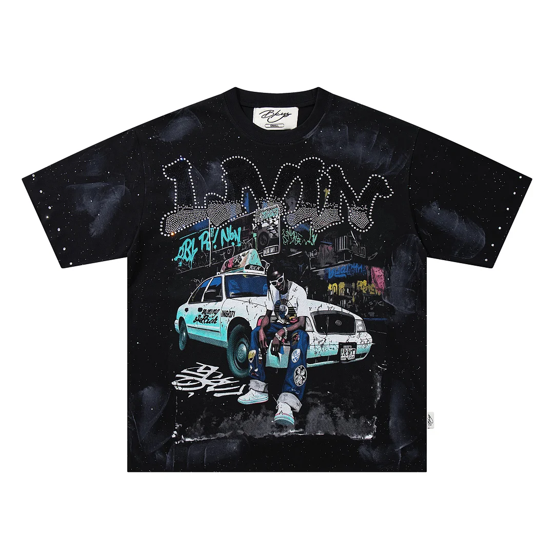 Vintage BKYS Tee Rhinestone Hip‑Hop Rapper Figure Print Short Sleeve Tees Oversized Streetwear Loose Casual Cotton T‑Shirt Men
