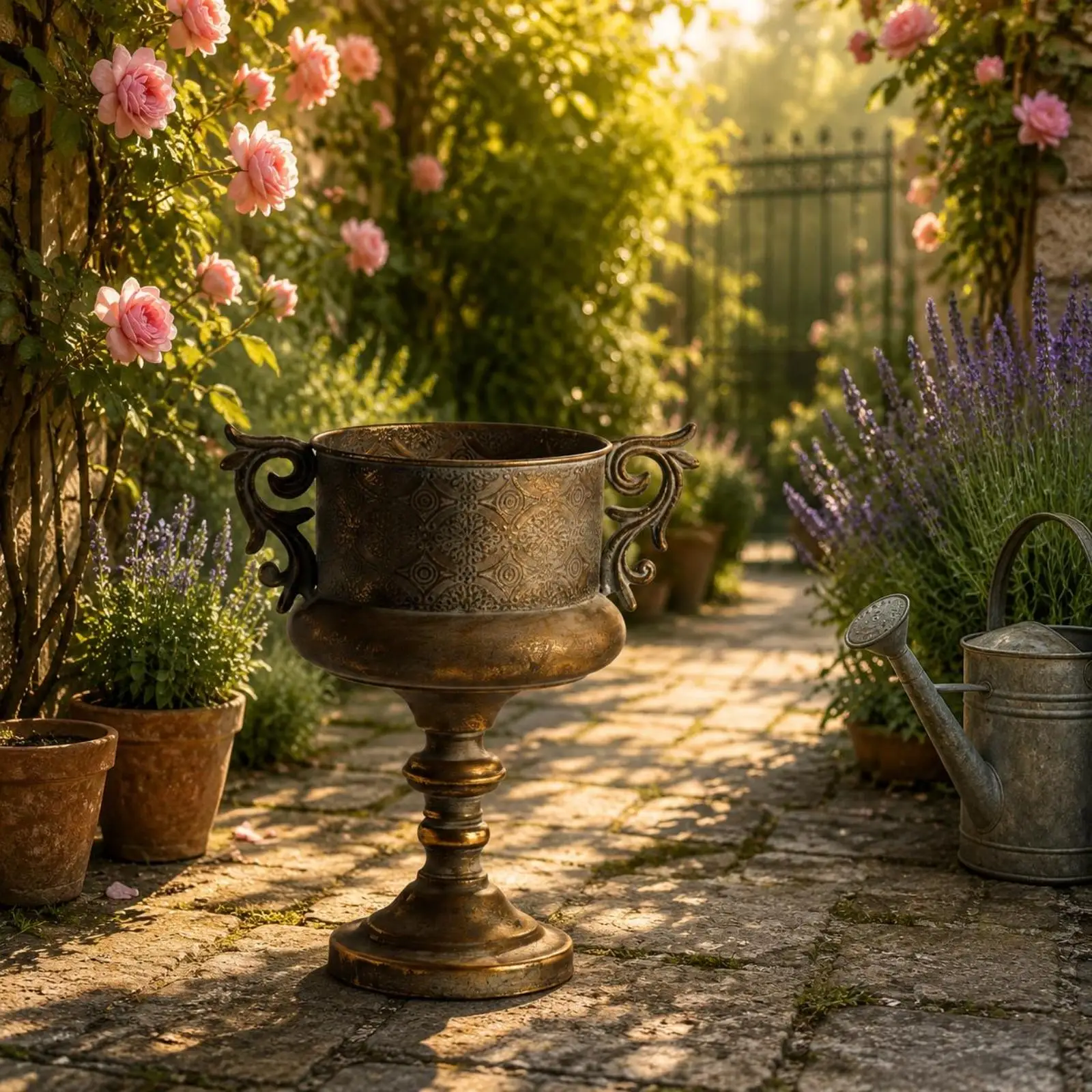 Retro Antique Iron Planter with Flared Pedestal Base Curled Side Handles Embossed Pattern Vintage Flower Holder for Home Garden