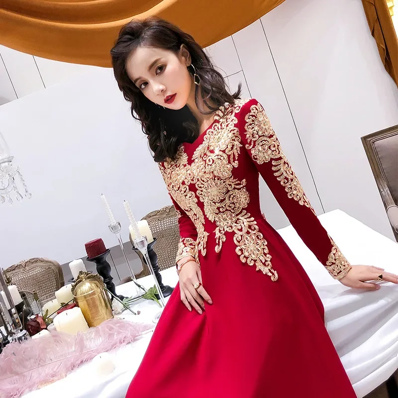 Evening Dress Burgundy Jersey Gold Embroidery Robe De Soiree V-neck Full Sleeves A-line Floor-length Plus size Party Formal Gown