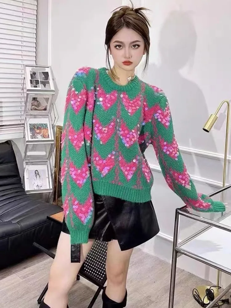 Vintage Wave Striped Sequins Sweater Women Knitted Pullover Autumn Winter O-Neck Puff Sleeve Knitwear Tops Jumper Sueter Mujer