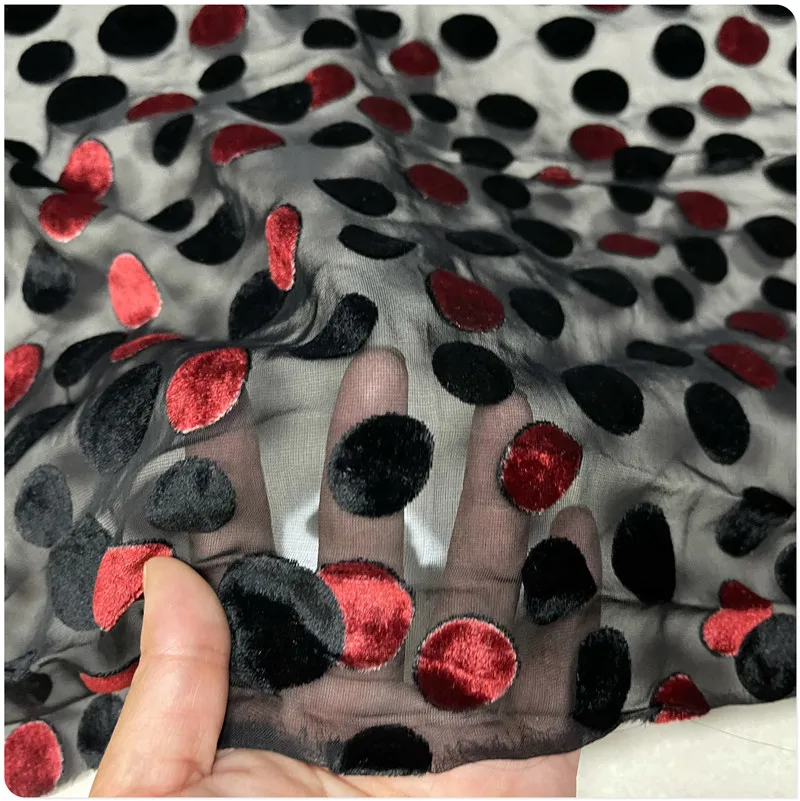 Black and Red Dots Hollowed Out Silk Velvet Fabric Dress Cheongsam Shirt Clothing Fabric