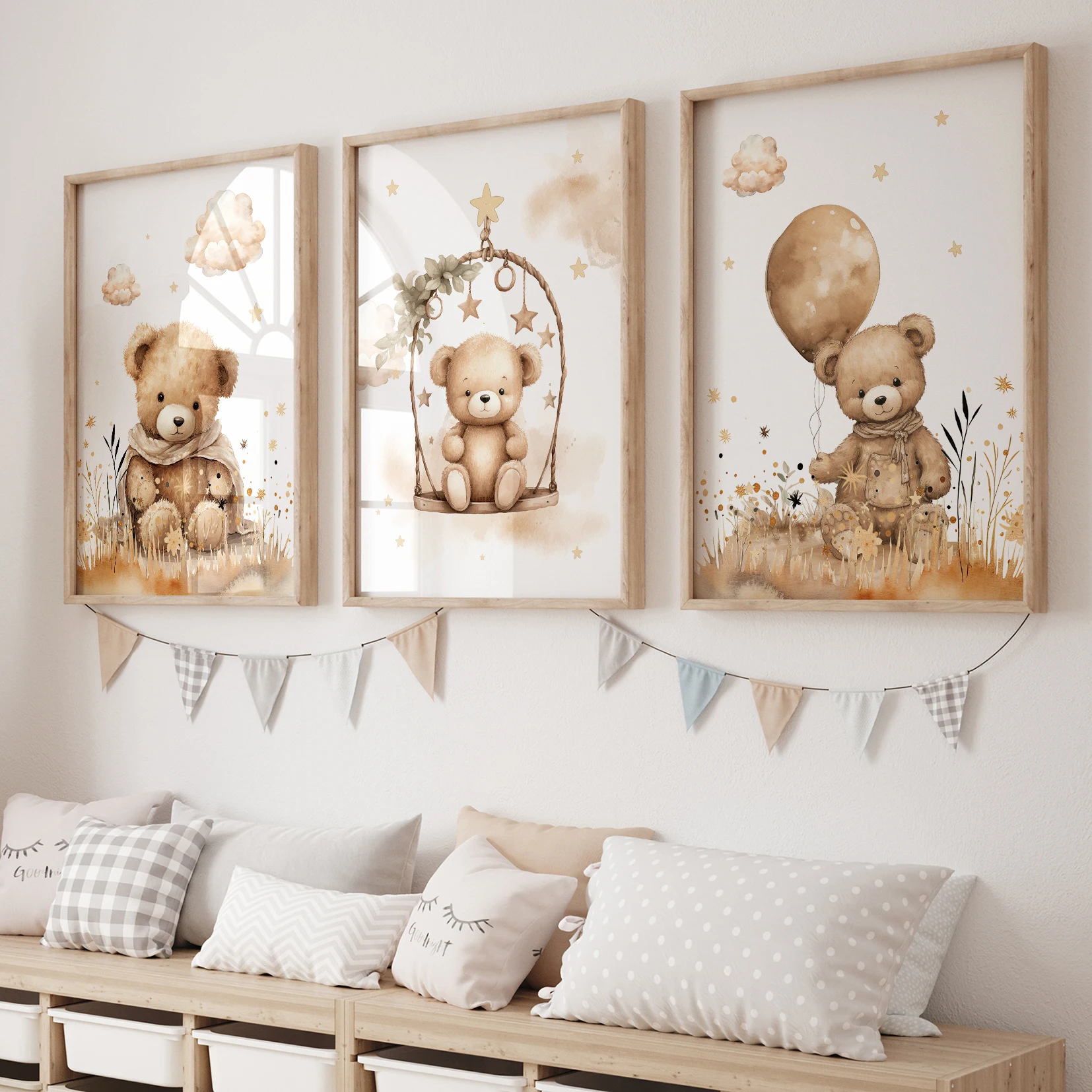 3pcs Cartoon Children Yellow Balloon Teddy Bear Wall Art Prints Canvas Painting Poster Picture For Living Room Home Decor