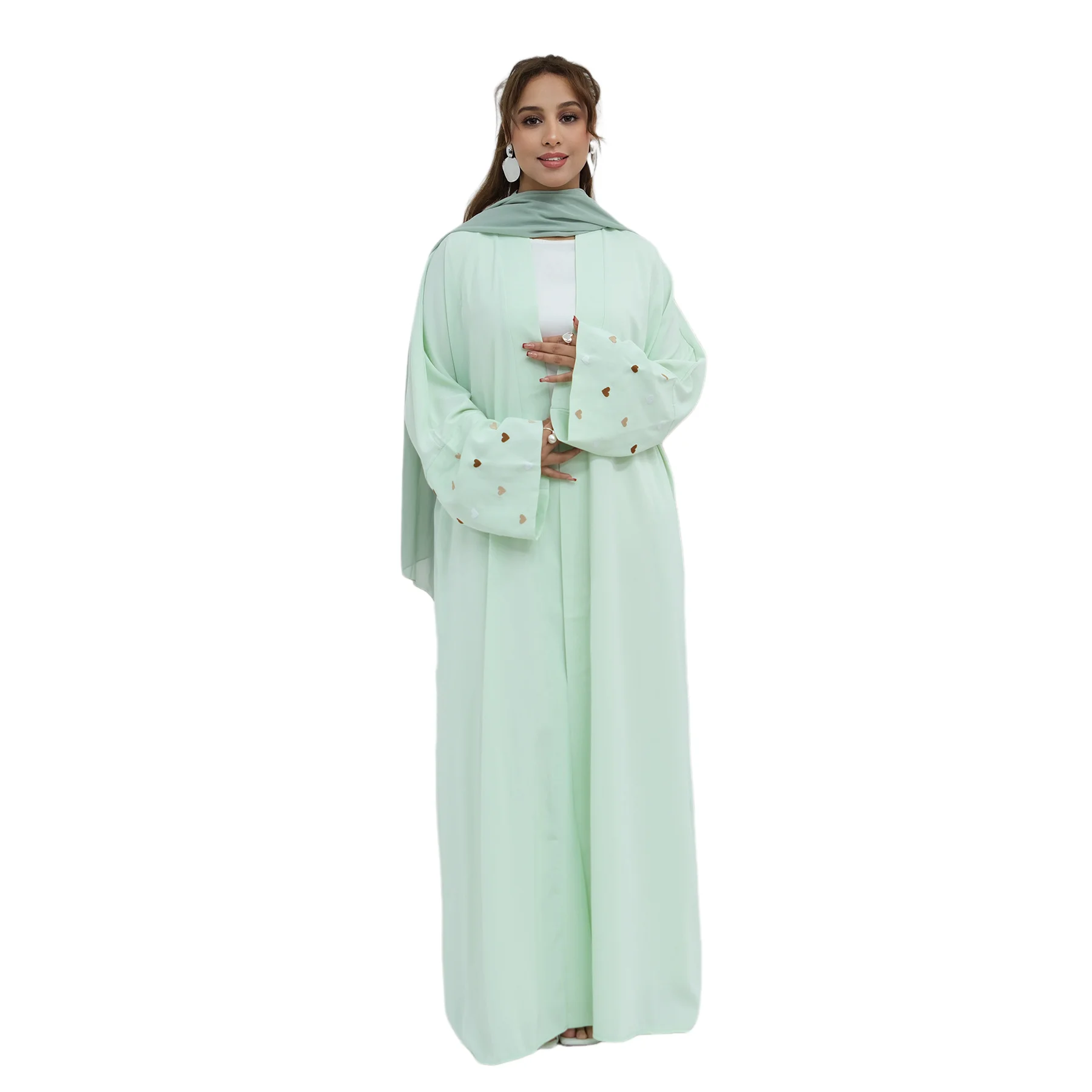 

Ramadan Heart Embroidery Long Robe Open Abaya Dubai Kaftan Women Muslim Hijab Dress Set Turkey Caftan Kebaya Islam Jalabiya Gown