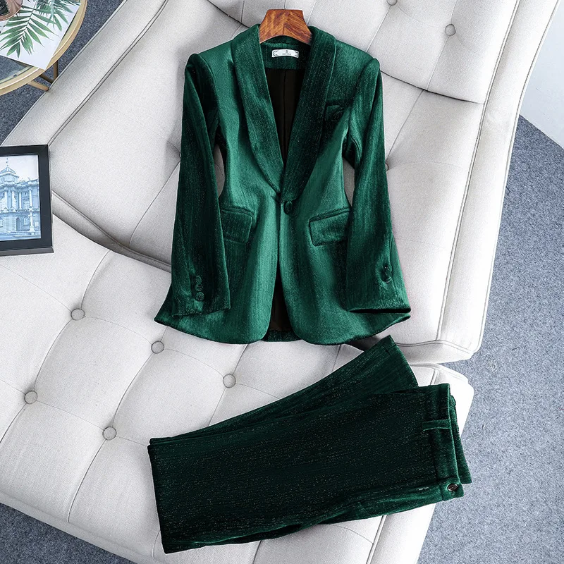 Blazer e calças de veludo feminino, brilhante, escritório, senhora, negócios, desgaste do trabalho, casaco, vestido de baile, alta qualidade, fêmea, primavera, 2 peças