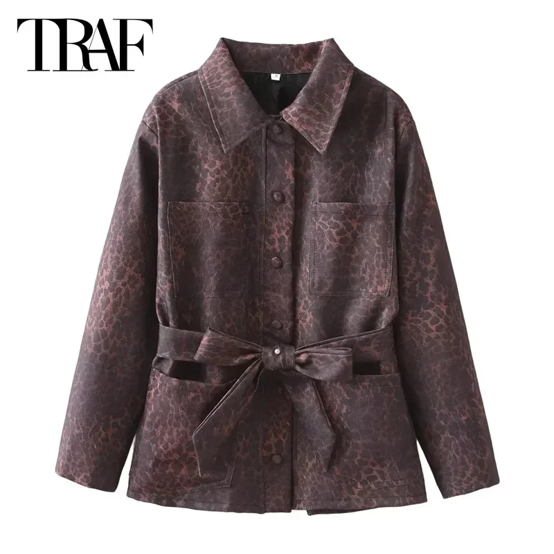 TRAF Women's Jacket Leopard Butterfly Lace-Up Jacket 2024 Autumn Demi-Season Fashion Casual Long Sleeve Coat New In Outerwears