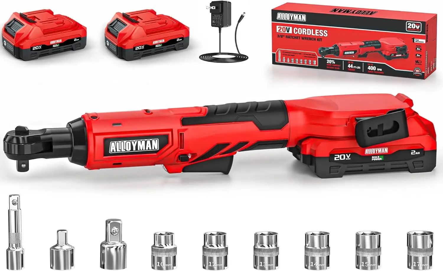 

3/8" Cordless Electric Ratchet Wrench Set, 44FT-LBS Torque, 20V Rechargeable with LED Light & 6 Sockets