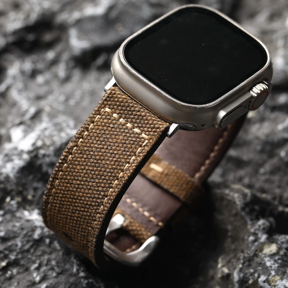 Handmade canvas with leather strap, compatible with Apple Watch 49MM 45M 46MM Ultra2 S11 waterproof and wear-resistant, men's re