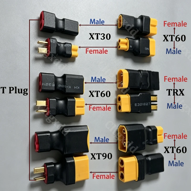 Cltgxdd XT30 XT60 XT90 T‑Plug TRX Lipo Battery Conversion Adapter Male Female Plug Connector for RC Car Airplane FPV Drone Model