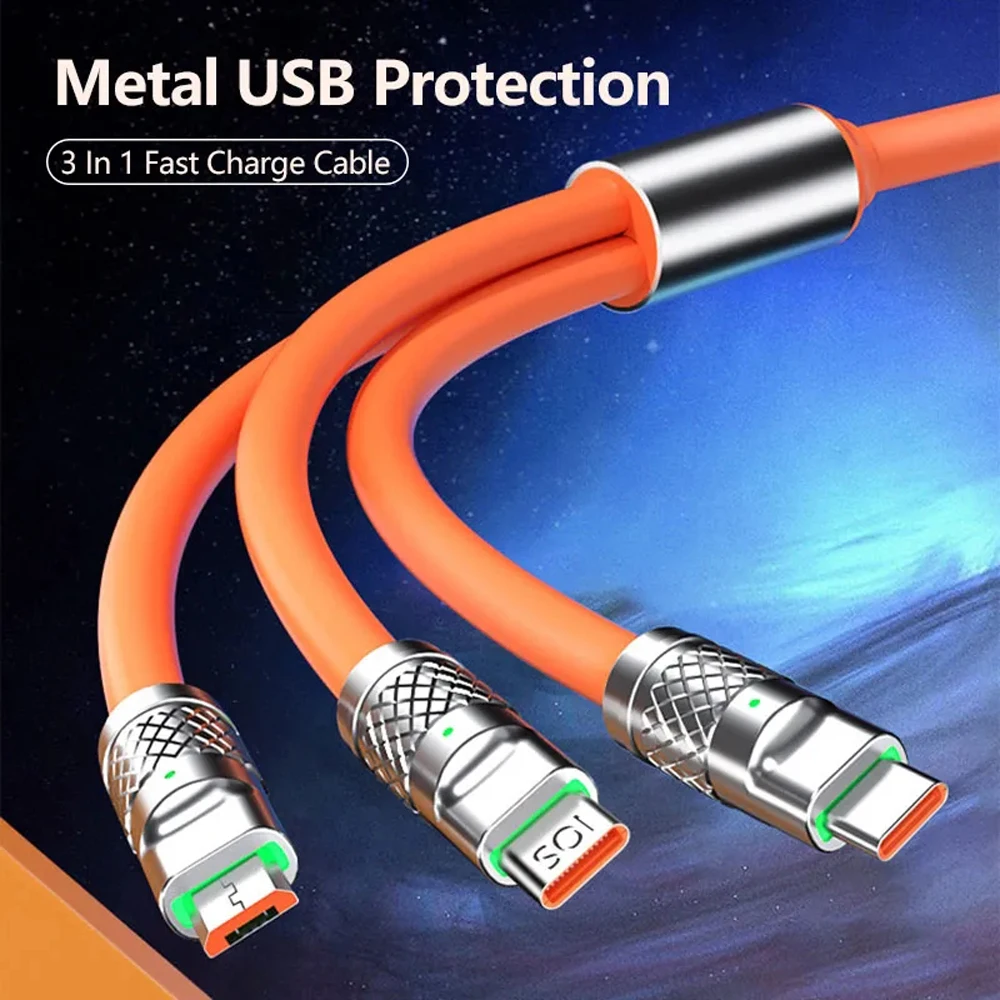 3in1 120W 6A Fast Charging Type C Micro USB Cable for iPhone Samsung Huawei Xiaomi LED Phone Charger Silicone Data Cord Wire