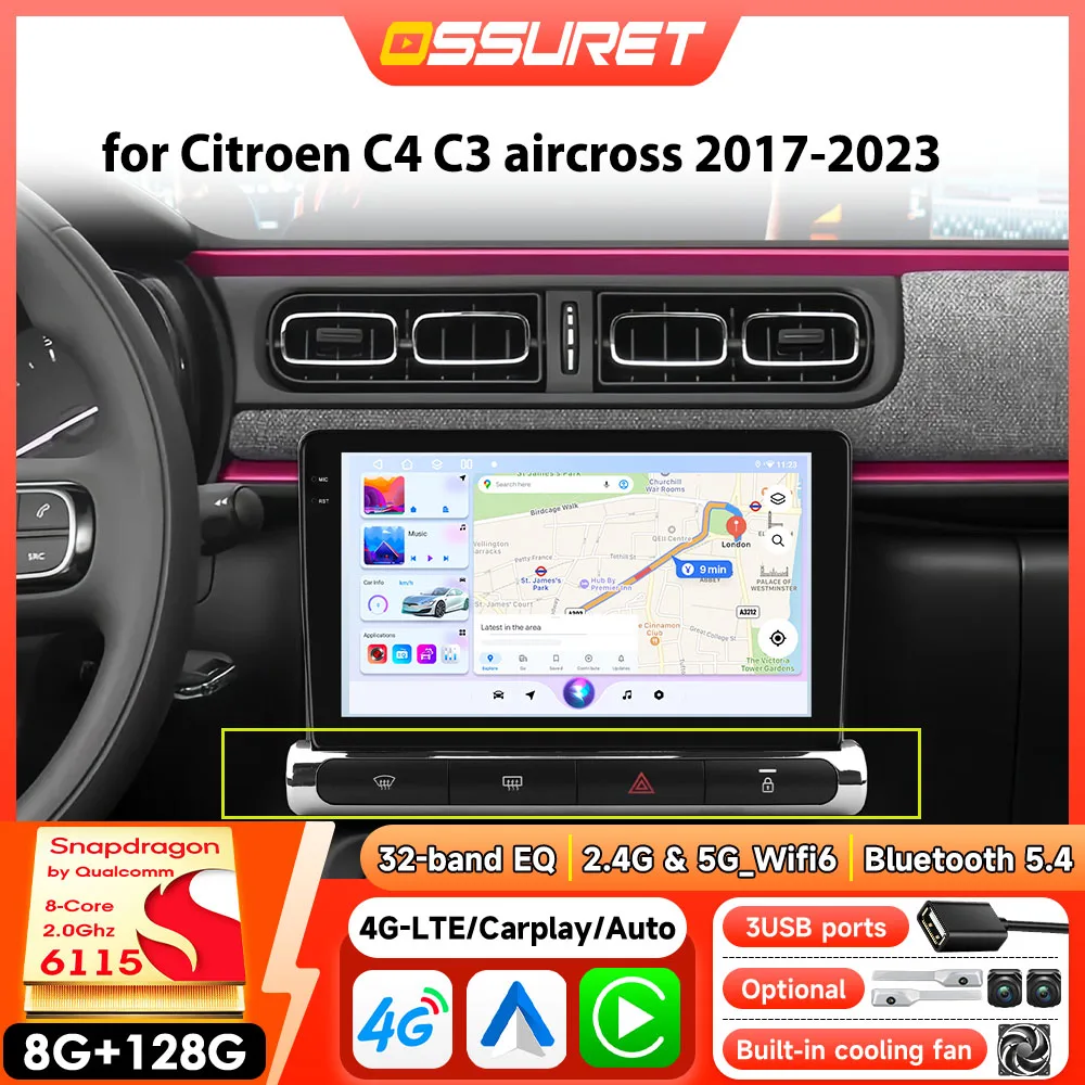 Multimédia Intelligent de voiture pour citroën C3 aircross citroën C4 aircross 2017-2023 Carplay Android Auto stéréo par 8 cœurs Snapdragon