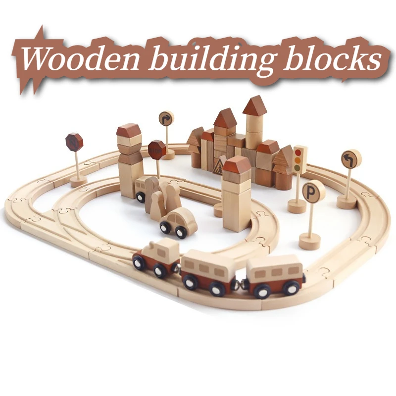 Wooden Building Blocks Tracks Beech Wood Road Bridge Railway Accessories Traffic Sign Blocks Track Toys Children Birthday Gifts