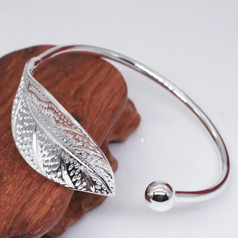 Fashion 925 Sterling Silver Woman Cuff Bracelet Open Leaf Shaped Adjustable Charm Bangle Girls Party Jewelry Christmas Gifts