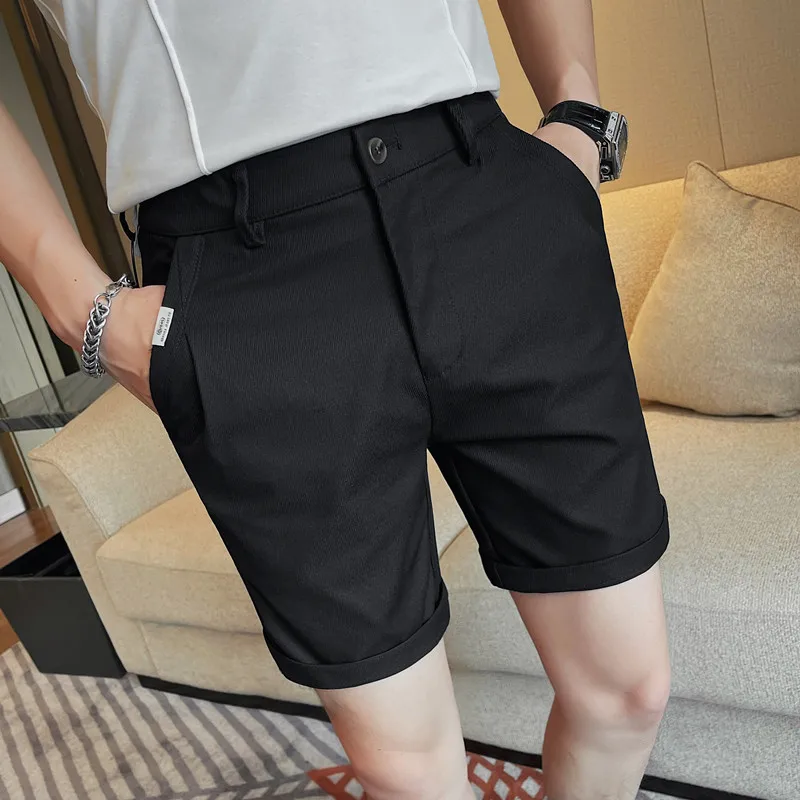 Summer Solid Color Knee Length Pants Men Casual Business Social Suit Shorts Slim Fit Comfortable Beach Shorts Men Clothing 2024