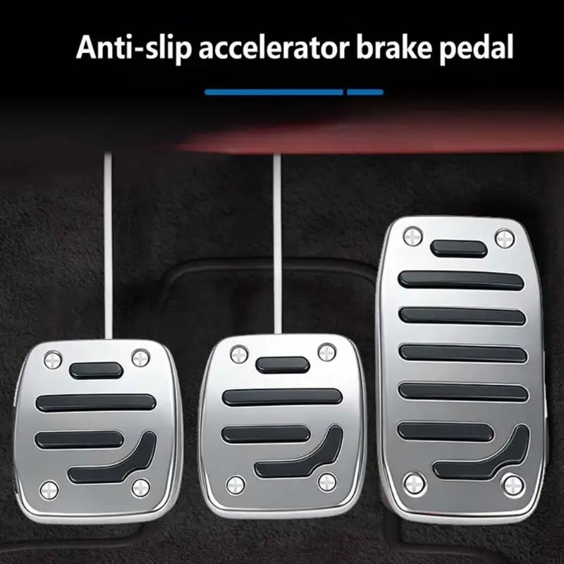 Non-Slip Car Pedal Covers,Brake and Gas Foot Control Cover Set, Silver Black Metal Pads with Anti-Slip Strips for Commute X37F