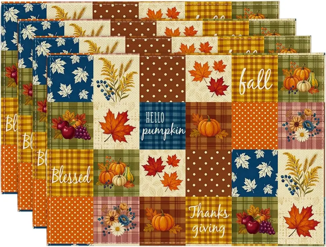 Hello Pumpkin Leaves Fall Placemats Set of 4-12 x 18 Inch