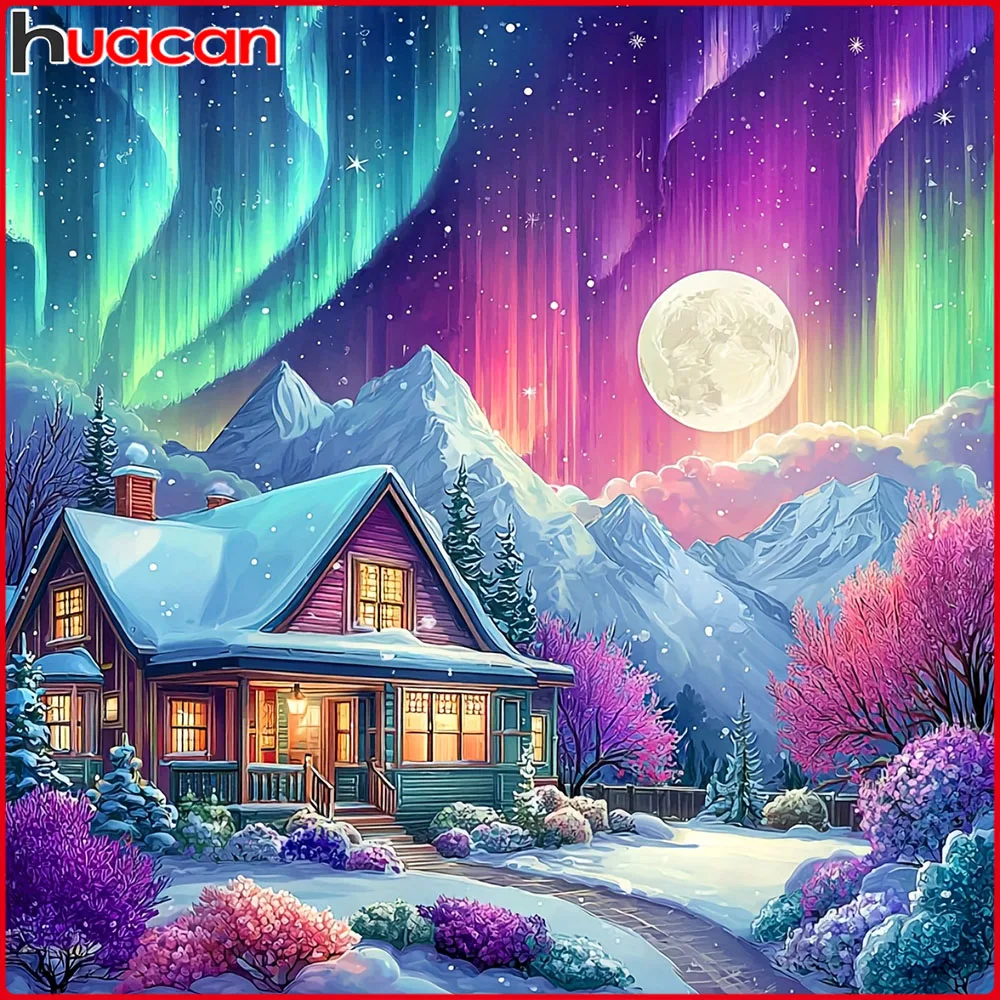 Huacan 5D-Diamantgemälde zum Selbermachen, Aurora Mountain Winter, Diamant-Mosaik, Landschaft, neue Kollektion 2025, Heimdekoration