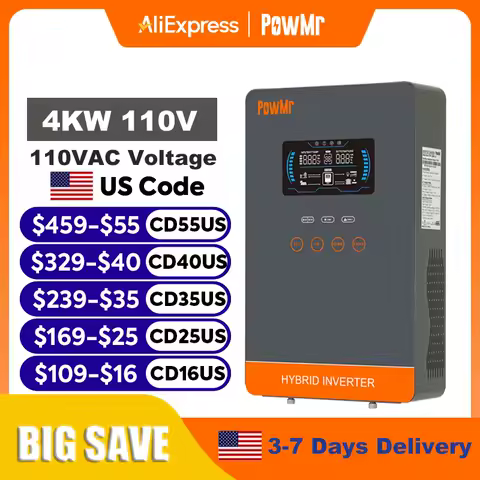PowMr 4KW Hybrid Solar Inverter 24V to 110V Off Grid Inverter Work without Battery with MPPT 140A Solar Battery Charger