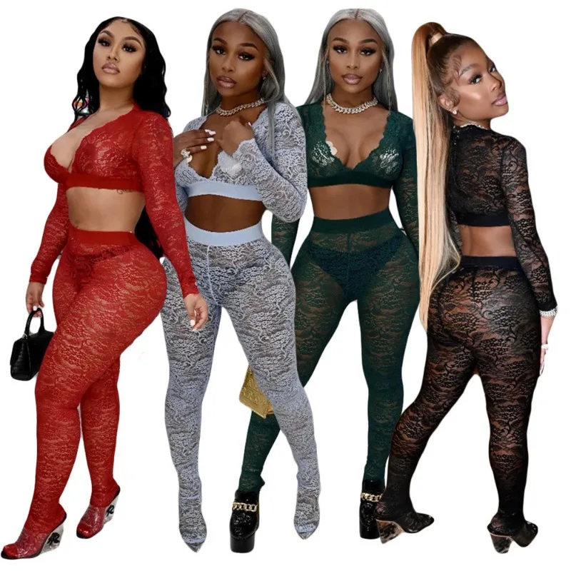 Women Sexy Sheer Lace 2 Piece Set V-neck Long Sleeve Crop Tops Elastic High Waist Footed Leggings Clubwear Suits Wholesalee