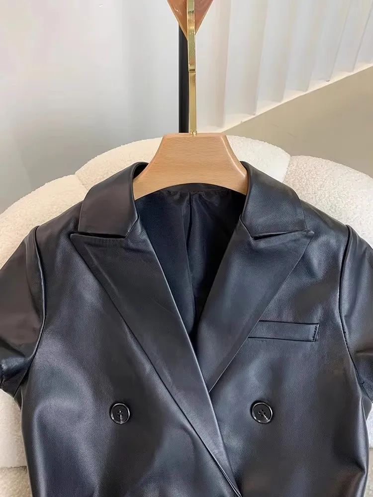 جديد إمرأة جلد الغنم سترة جلدية حقيقية سترة مزدوجة الصدر سليم صالح عالية الخصر متوسطة طويلة مكتب سيدة الموضة صدرية #3