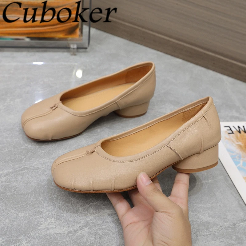 2024 Summer Split Toe Low Heel Single Shoes Women Designer Pleated Real Leather Ballet Shoes Elegant Dress Loafers Shoes Mujer