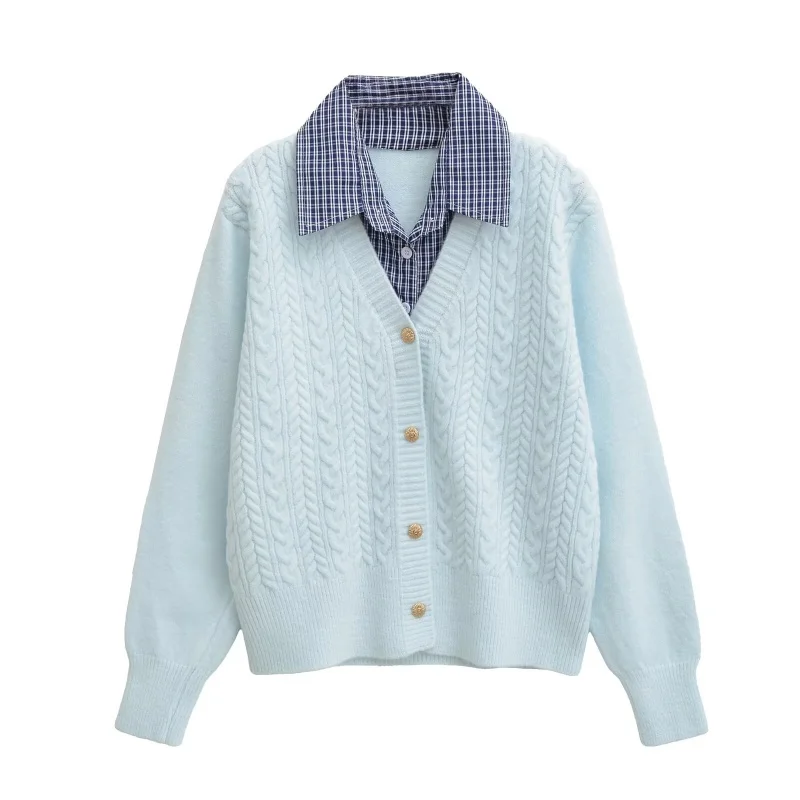 Luźny sweter rozpinany z dzianiny, kołnierz irt, wzór w warkocze, jesienno-zimowy, styl uniwersytecki, odzież wierzchnia, pojedynczy element, ciepły, ocieplający.