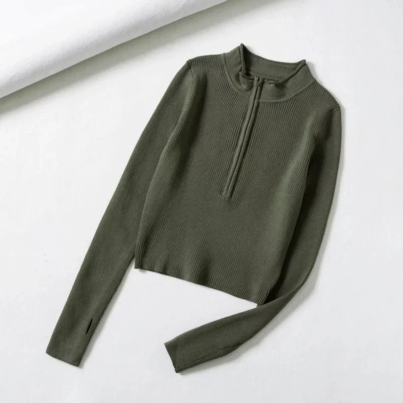 Women Elegant High Neck Solid Basic Cropped Pullover All-Match Winter Spring Fashion Y2k Zipper Front Knitted Clothing Top 2023