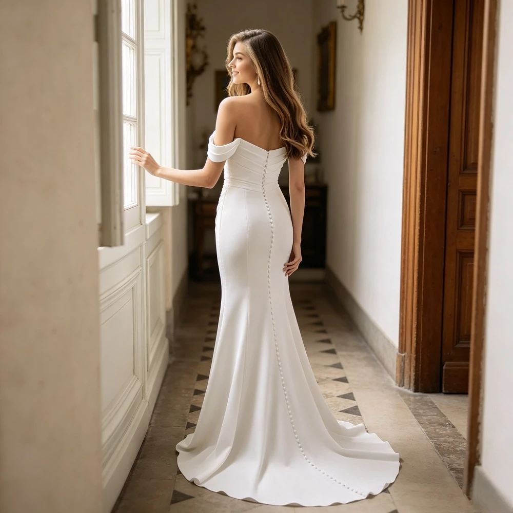 Customized Shoulder Less Satin Mermaid Wedding Dress Sweet Backless Sleeveless Summer Bridal Gown Suitable for Dinner Parties