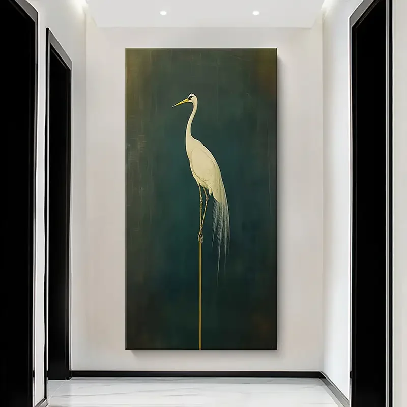 2D plano, grande 70x140cm (27,55x55,12 pol.) Arte de parede em tela sem moldura - Garça branca em fundo verde profundo, clássico moderno Naturali