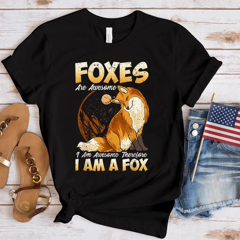 Foxes Are Awesome I Am Awesome Therefore I Am A Fox Printing T Shirt Men/Women Tops Tees Summer Cool Loose Short Sleeve