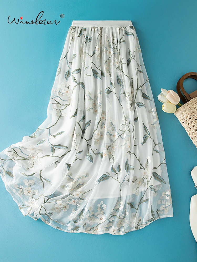 

Winsleter-Women 100% Silk Elegant Skirts, Elastic Waist Embroidery, Beach Vacation Chic A-line Skirt, 2025 Autumn New B59142CC