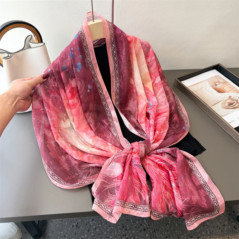 

Шелковые шарфы с принтом, весна-лето, длинный шарф, высококачественная дорожная шаль, солнцезащитная женская бандана, хиджаб, платки, накидка