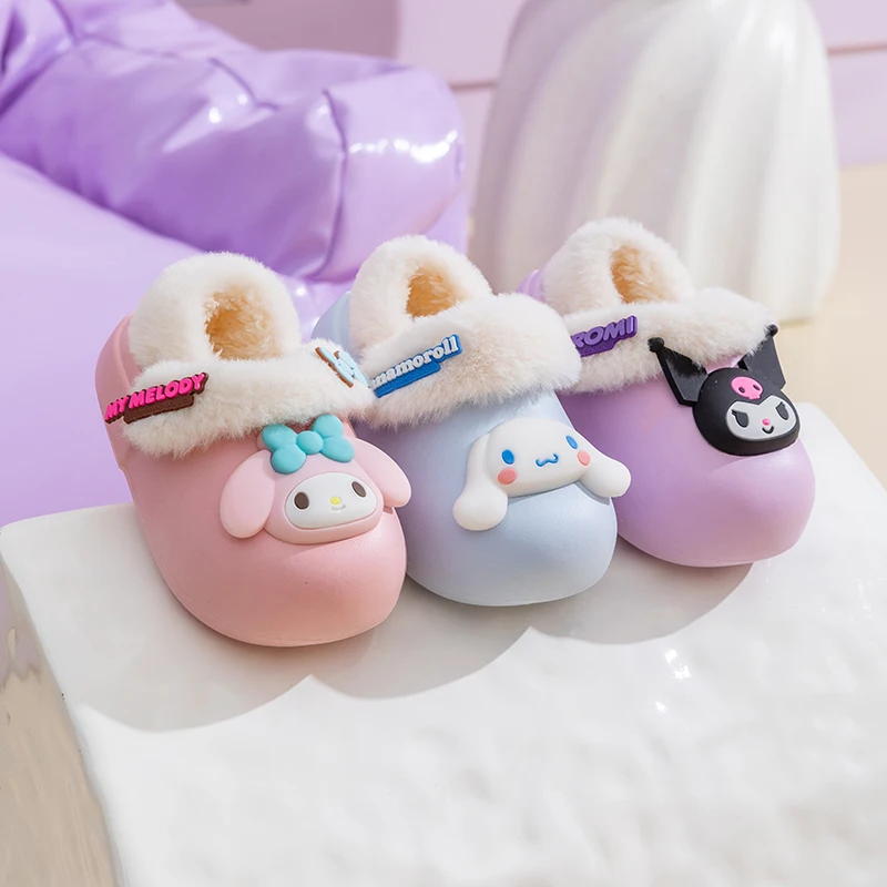 Sanrio kuromi mymoledy  Winter Children\'s Cotton Slippers Girl\'s Parent-child Snow Non Slip Warm EVA softSlippers