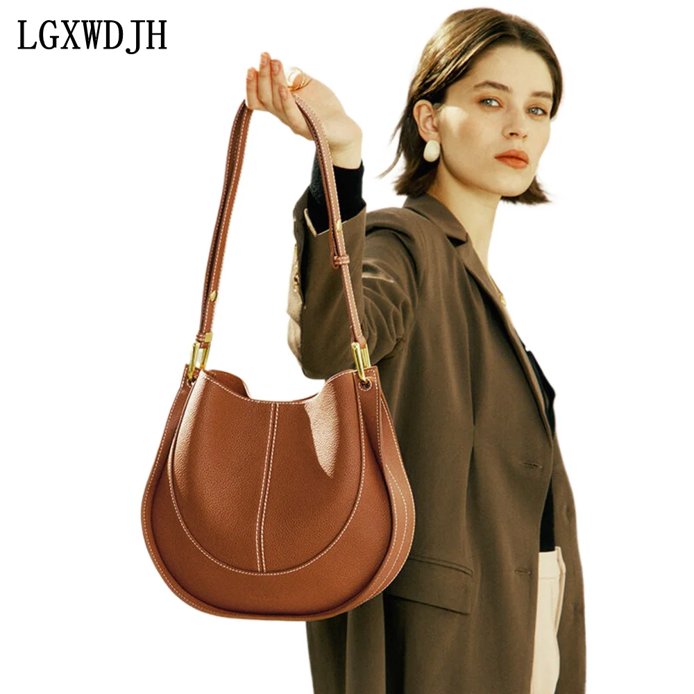 Niche Light Luxury Real Cowhide Women\'s Shoulder Bag Saddle Soft Leather Handbag Large capacity bucket type trend cross body bag