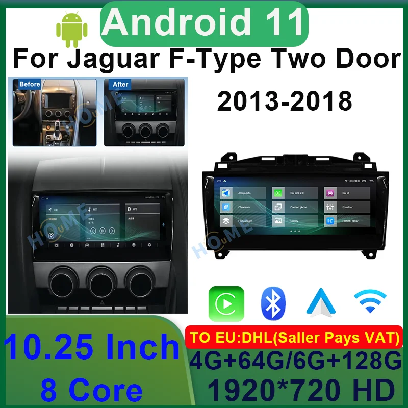 

10.25Inch Android 11 6+128G Car Radio Multimedia GPS Navigation Head Unit Stereo Receiver Screen Display For Jaguar F-Type 13-18