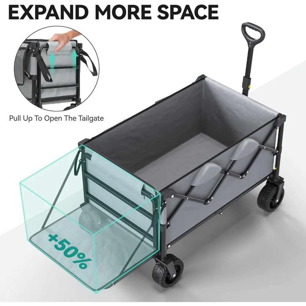 "Vagão utilitário dobrável resistente de 150l com carrinho de praia longo de 45'' e capacidade de carga de 265 libras"