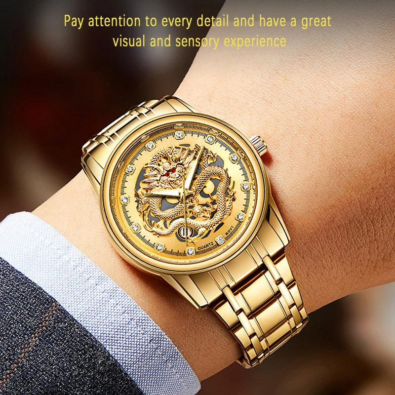 UTHAI CQ223 Loong Year Men's Watch Premium Golden Loong Watch Business Fashion Glow Waterproof Calendar Quartz Watch