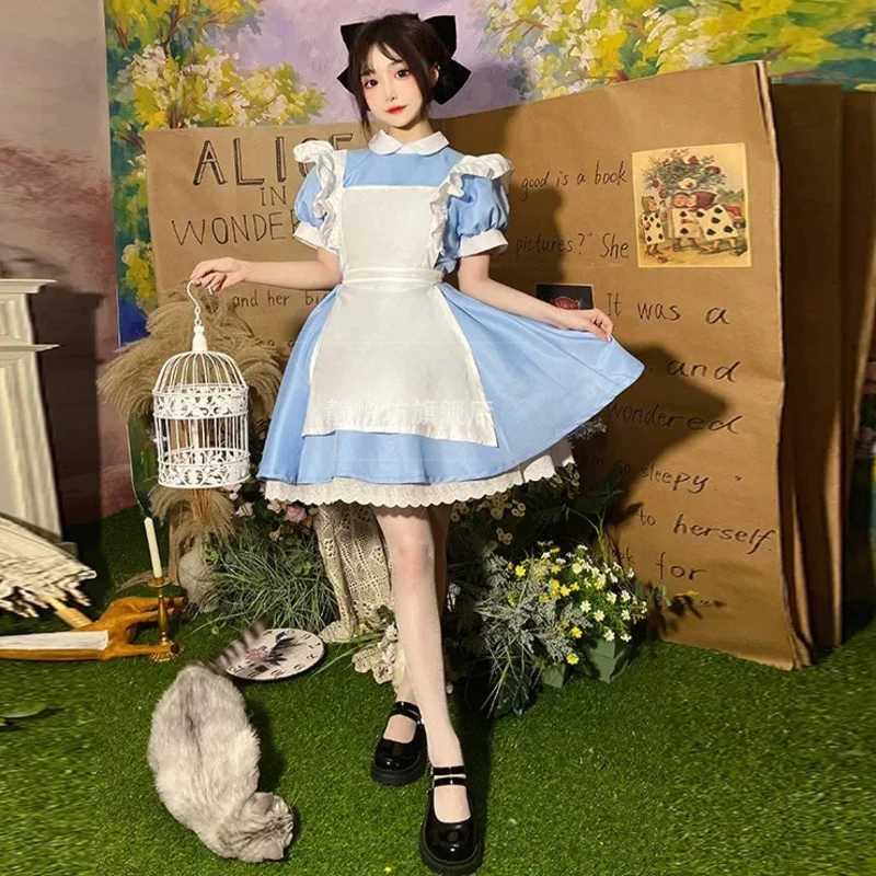 Robe Lolita OP à Manches Courtes pour Femme, Tenue de Soirée Bleue, Vêtement de Sauna, Tablier, Costume de Cosplay d'Halloween