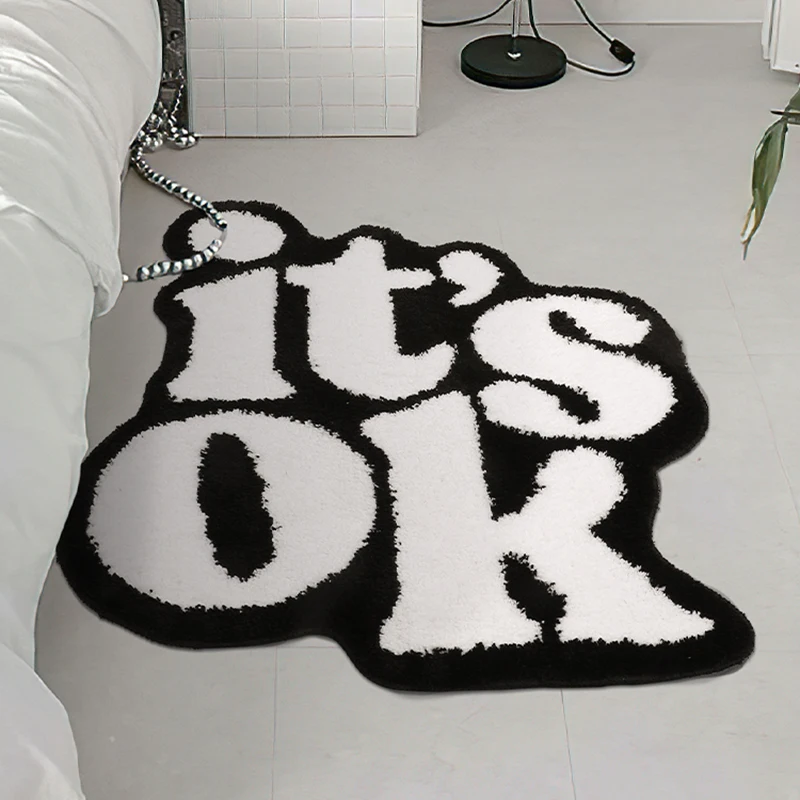 Nordic Letters Rug Tufting Fluffy Bedroom Mat Area Carpet Black White Floor Tidy Pad Bathmat Doormat Home Room Decor 70x80cm